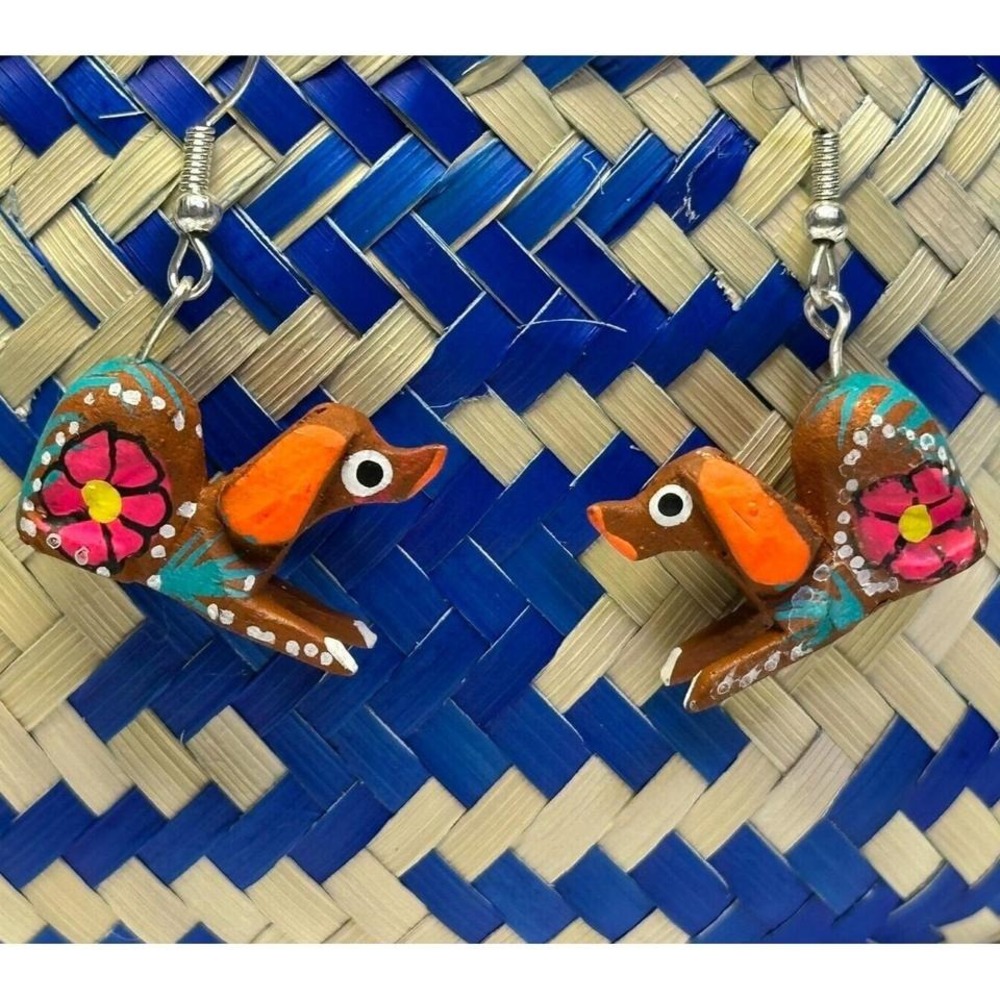 brown dog - Hand-Carved Wooden Alebrije Earrings- Oaxaca, Mexico